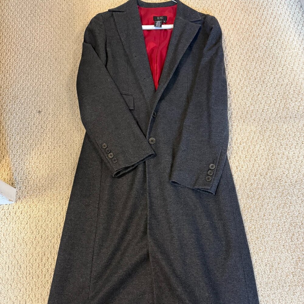 BCBG grey wool/polyester long trench coat, size 4